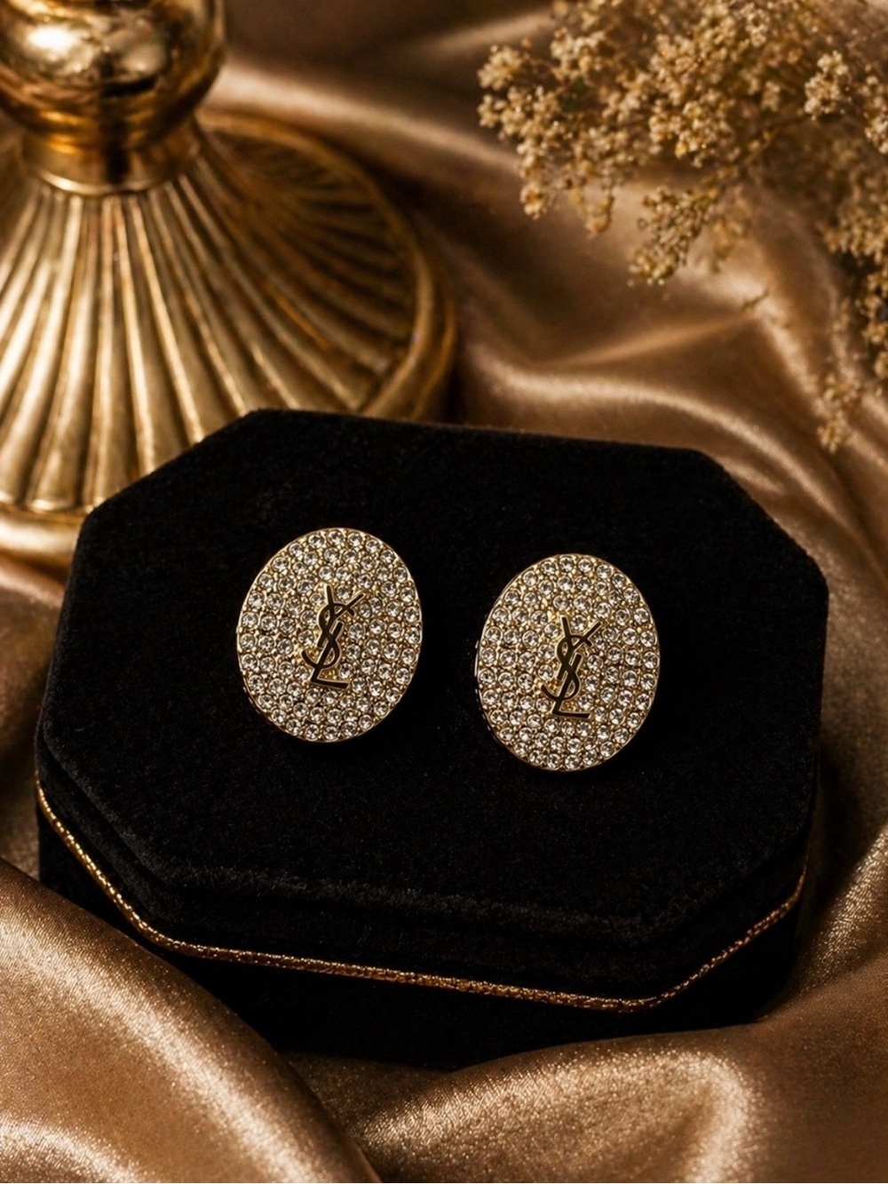 Yves Saint Laurent Gold Crystal Monogram Oval Button Earrings - Gold